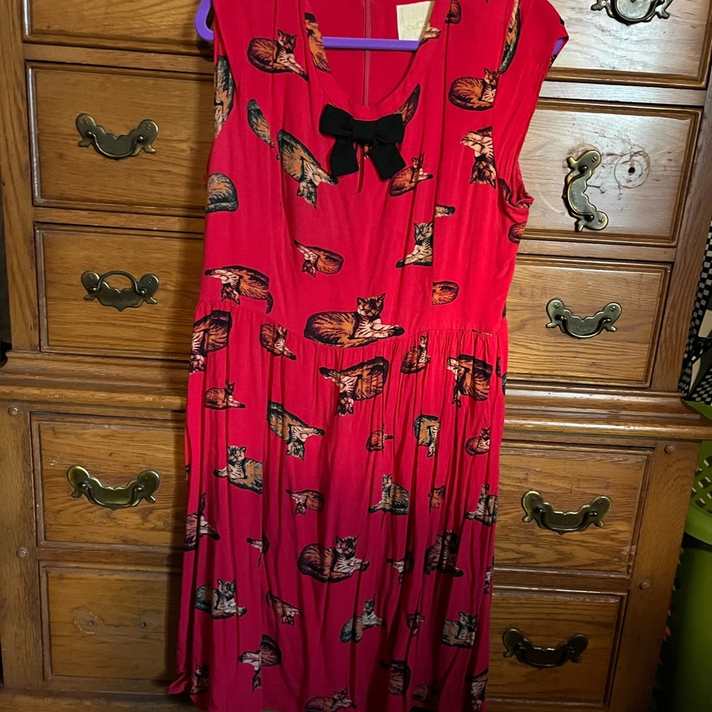 Red Cat Print Dress with Bow